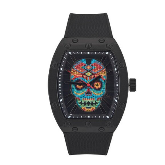 NEW Matte Black Silicone Strap Multicolor Skull Ed Hardy Watch - Picture 1 of 5